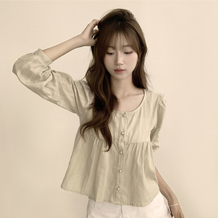 러블리 무드 슈니 펀칭 자수 퍼프 여름 긴팔 콩단추 블라우스 민트