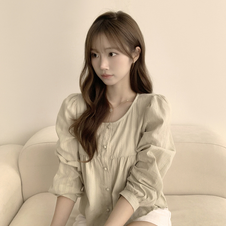 러블리 무드 슈니 펀칭 자수 퍼프 여름 긴팔 콩단추 블라우스 민트