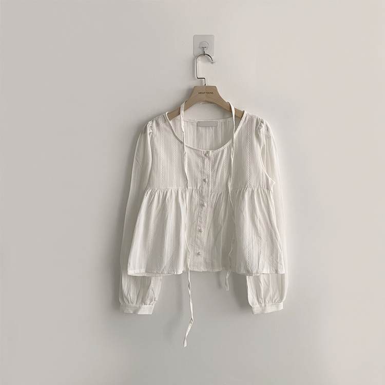 러블리 무드 슈니 펀칭 자수 퍼프 여름 긴팔 콩단추 블라우스