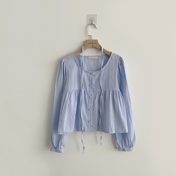 러블리 무드 슈니 펀칭 자수 퍼프 여름 긴팔 콩단추 블라우스