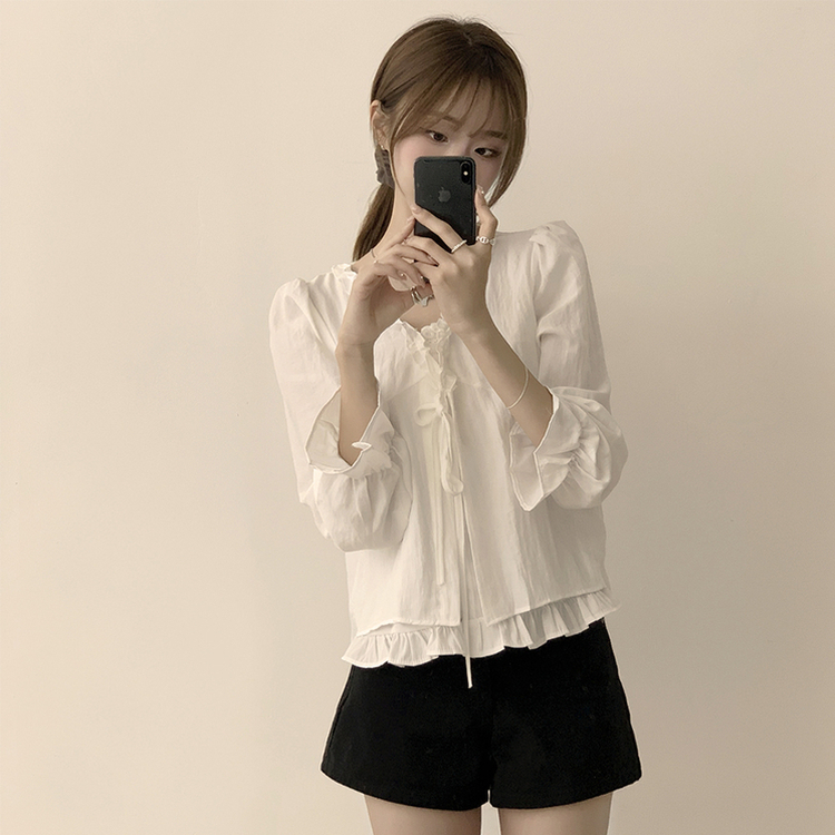 지금부터 초가을까지 크리스탈 퍼프 여름 긴팔 블라우스 아이보리