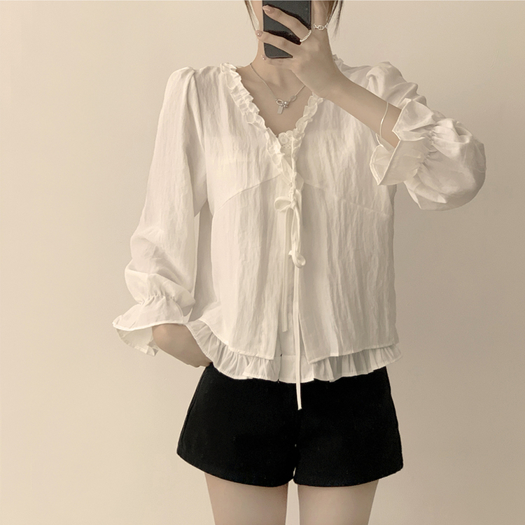 지금부터 초가을까지 크리스탈 퍼프 여름 긴팔 블라우스 아이보리