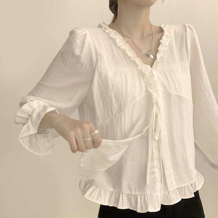 지금부터 초가을까지 크리스탈 퍼프 여름 긴팔 블라우스 아이보리