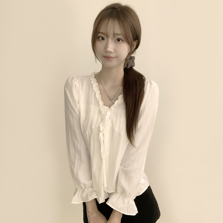 지금부터 초가을까지 크리스탈 퍼프 여름 긴팔 블라우스 아이보리