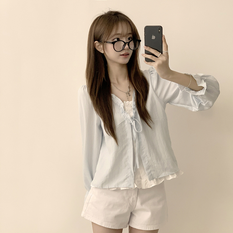 지금부터 초가을까지 크리스탈 퍼프 여름 긴팔 블라우스 소라