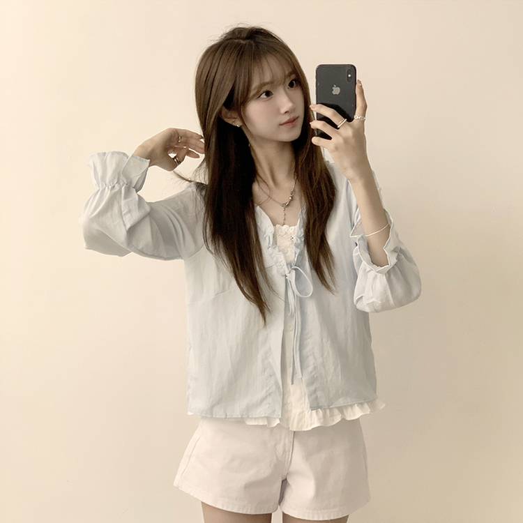 지금부터 초가을까지 크리스탈 퍼프 여름 긴팔 블라우스 소라