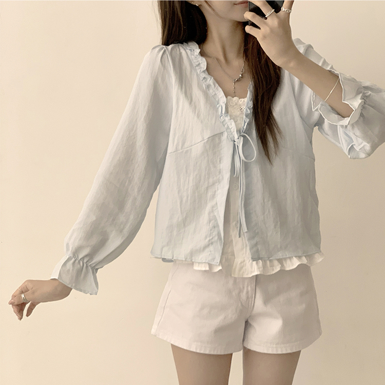 지금부터 초가을까지 크리스탈 퍼프 여름 긴팔 블라우스 소라