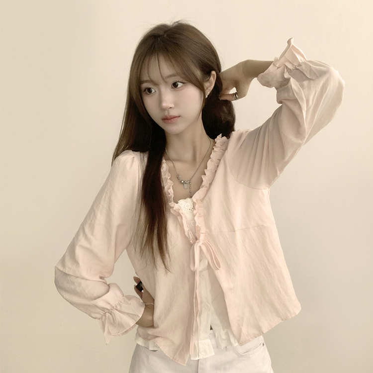 지금부터 초가을까지 크리스탈 퍼프 여름 긴팔 블라우스 핑크