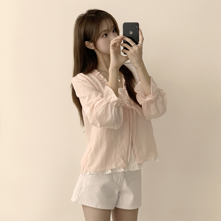 지금부터 초가을까지 크리스탈 퍼프 여름 긴팔 블라우스 핑크