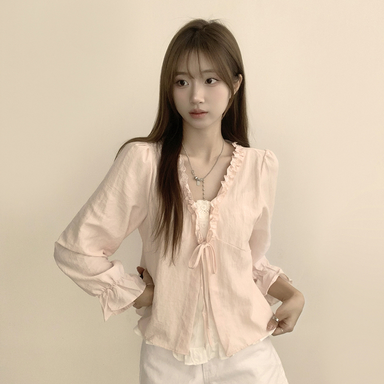 지금부터 초가을까지 크리스탈 퍼프 여름 긴팔 블라우스 핑크