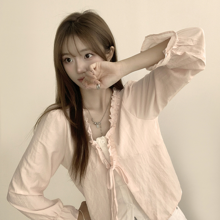 지금부터 초가을까지 크리스탈 퍼프 여름 긴팔 블라우스 핑크