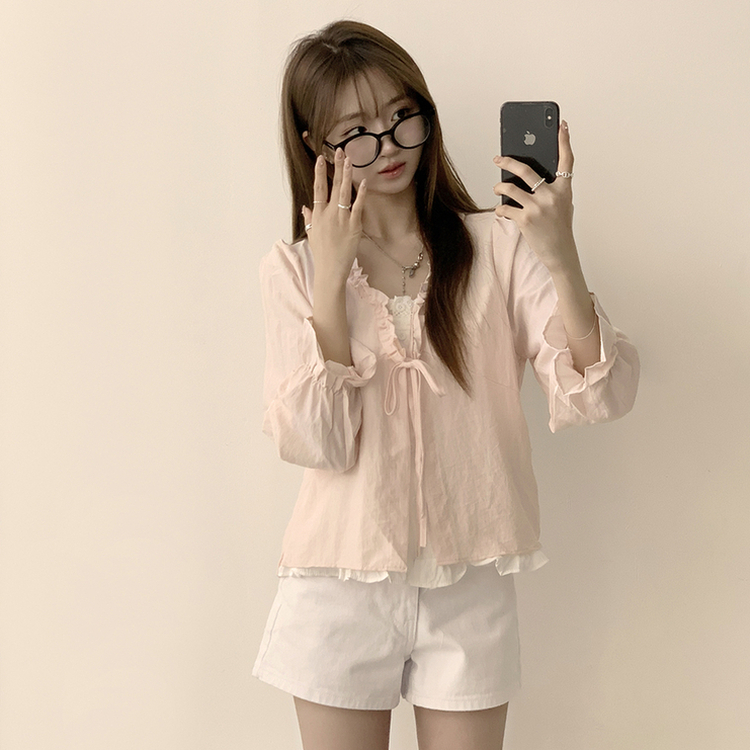 지금부터 초가을까지 크리스탈 퍼프 여름 긴팔 블라우스 핑크