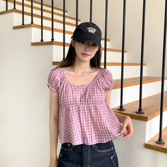チェック半袖ブラウス PINK