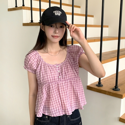 チェック半袖ブラウス PINK