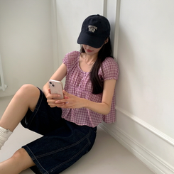 チェック半袖ブラウス PINK