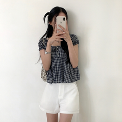 チェック半袖ブラウス NAVY