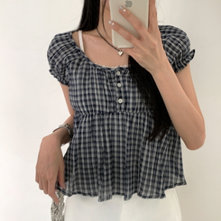 チェック半袖ブラウス NAVY