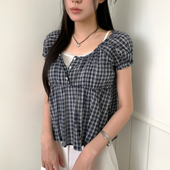 チェック半袖ブラウス NAVY