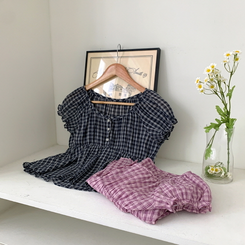 チェック半袖ブラウス