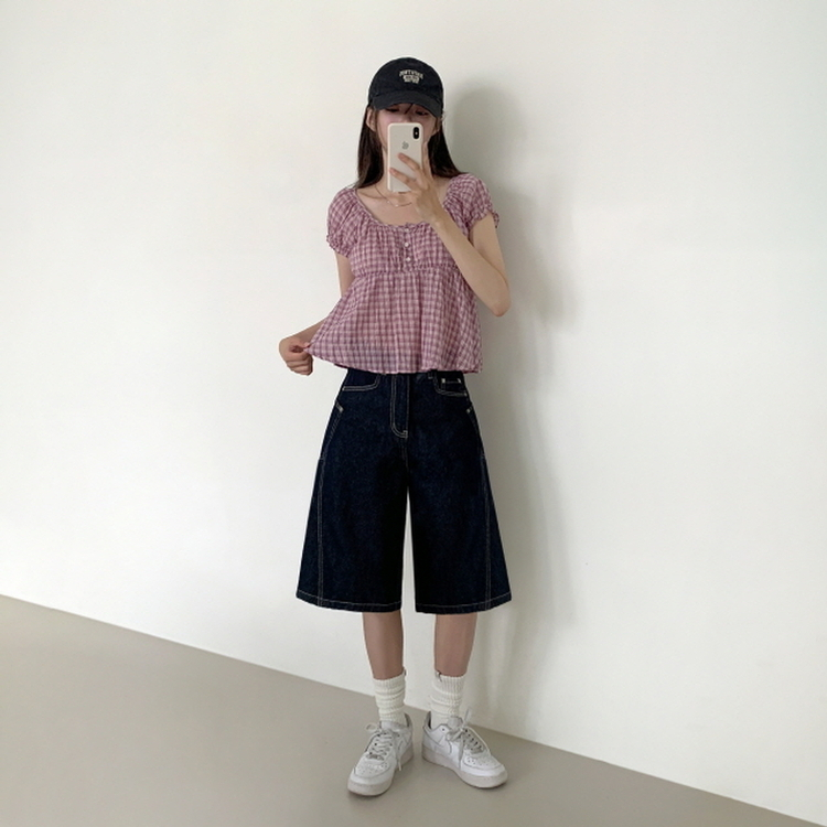 チェック半袖ブラウス PINK