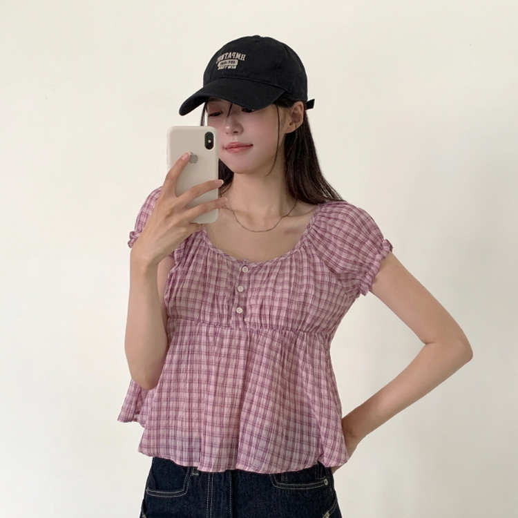 チェック半袖ブラウス PINK