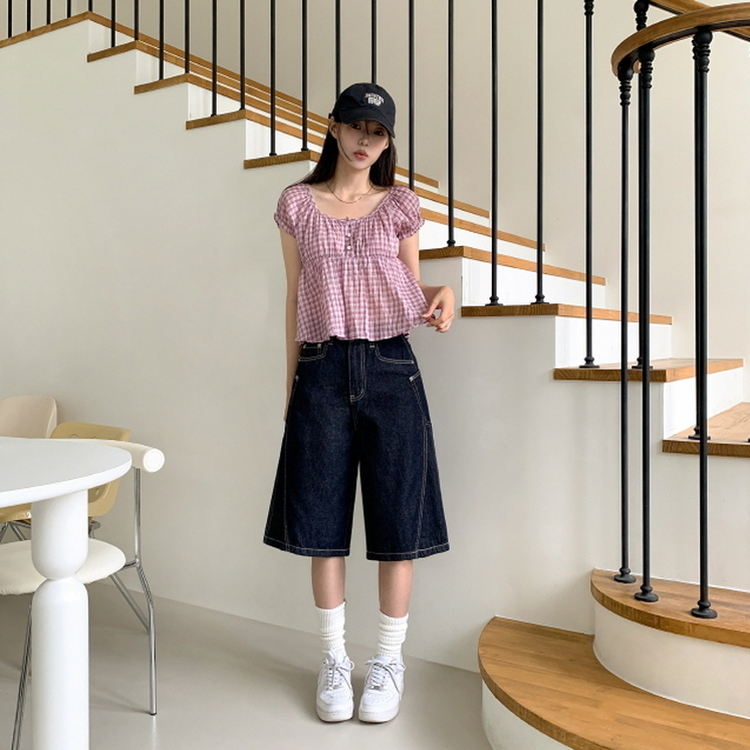 チェック半袖ブラウス PINK