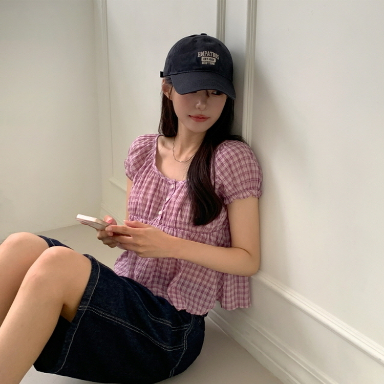 チェック半袖ブラウス PINK