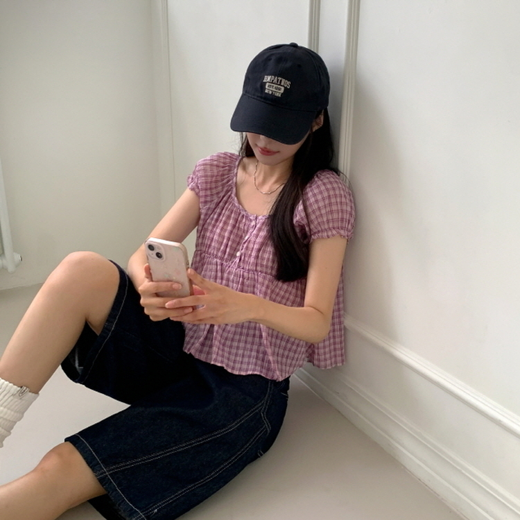 チェック半袖ブラウス PINK