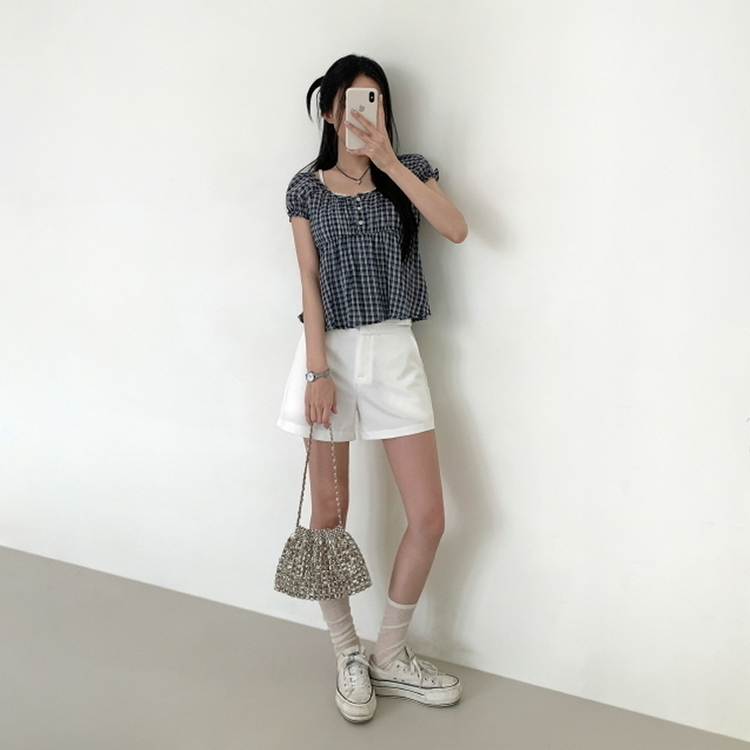 チェック半袖ブラウス NAVY