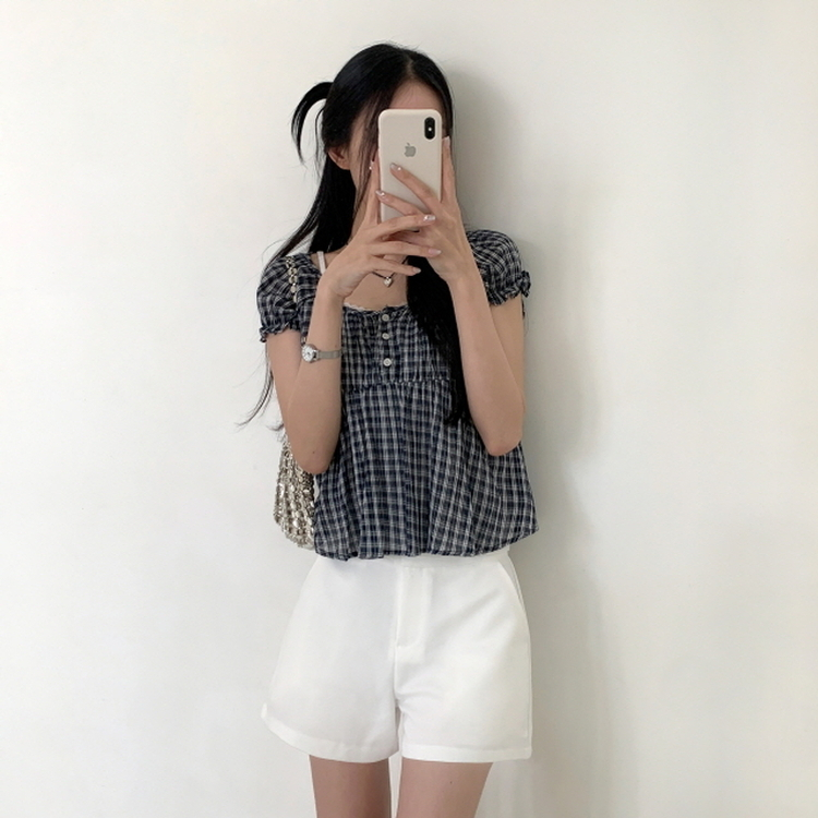 チェック半袖ブラウス NAVY