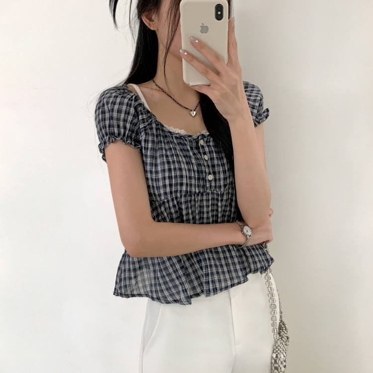 チェック半袖ブラウス NAVY