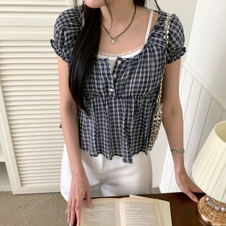 チェック半袖ブラウス NAVY