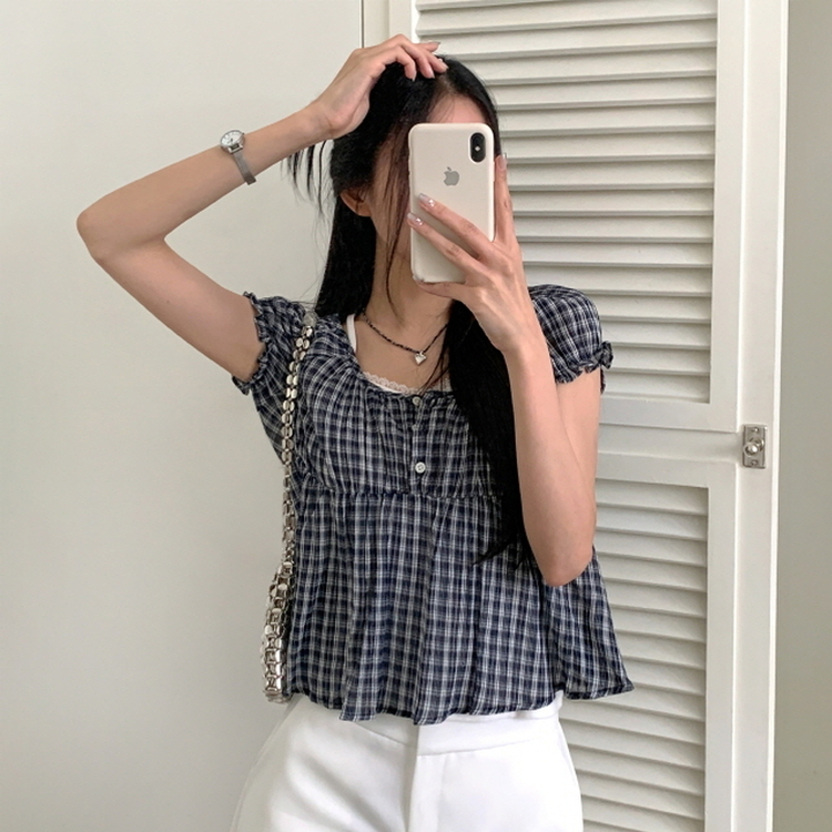 チェック半袖ブラウス NAVY