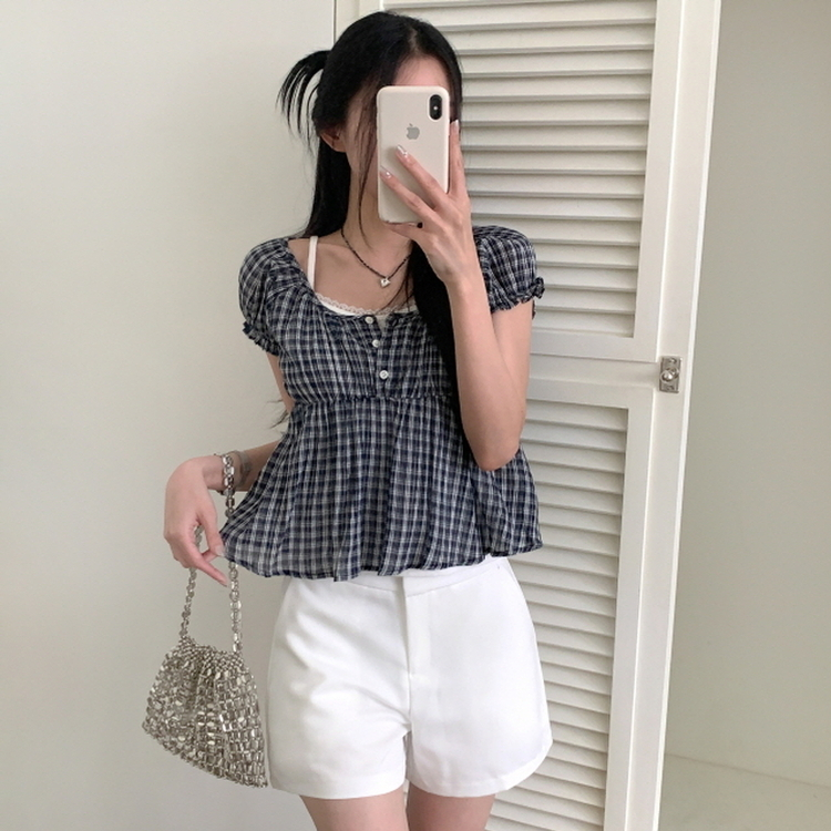 チェック半袖ブラウス NAVY