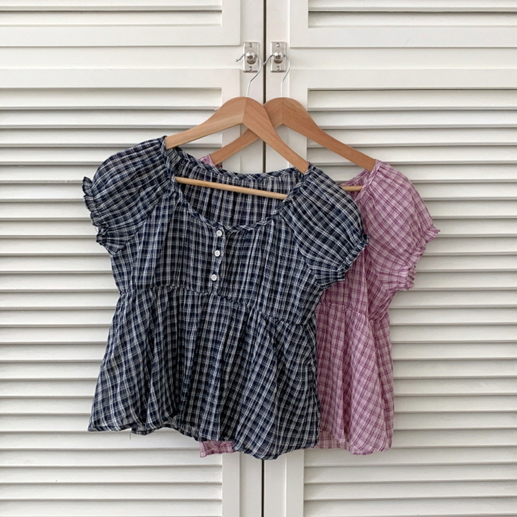 チェック半袖ブラウス