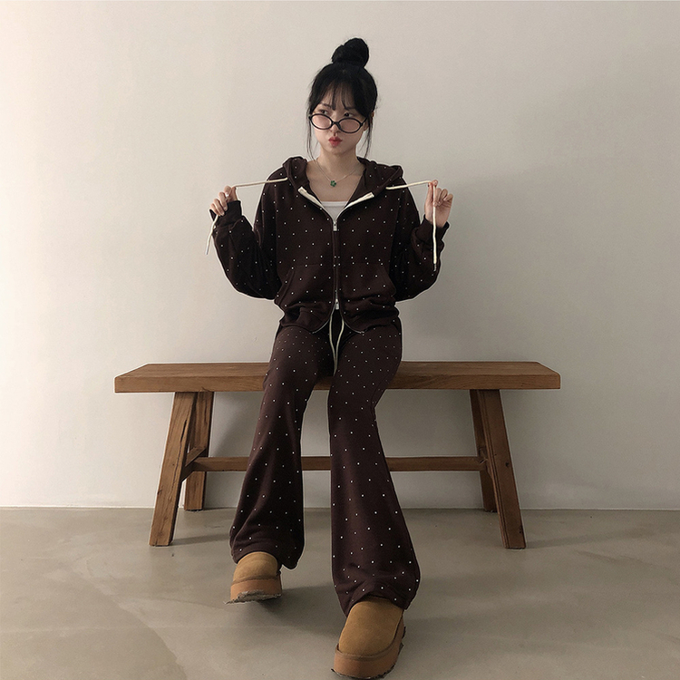 【SET】ドットフードジップアップ ブーツカットパンツ BROWN