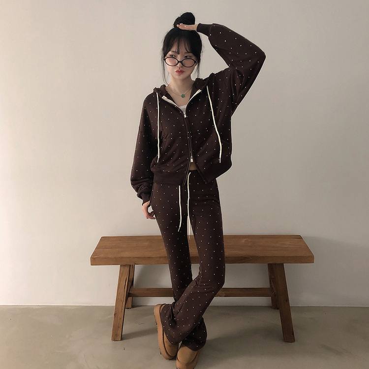 【SET】ドットフードジップアップ ブーツカットパンツ BROWN