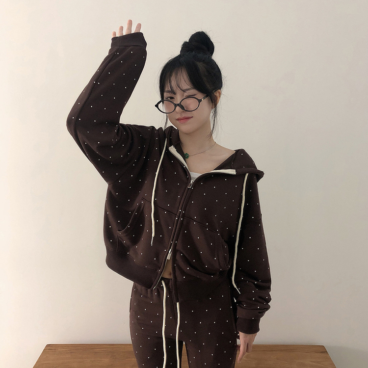 【SET】ドットフードジップアップ ブーツカットパンツ BROWN