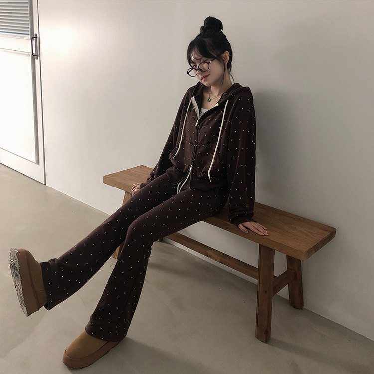 【SET】ドットフードジップアップ ブーツカットパンツ BROWN