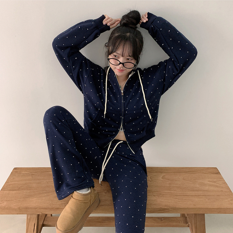 【SET】ドットフードジップアップ ブーツカットパンツ NAVY