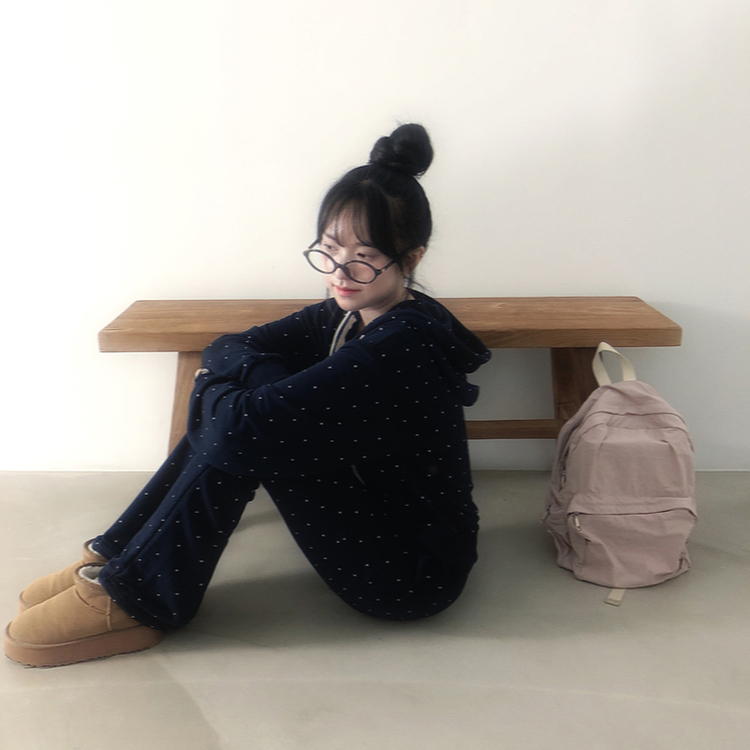 【SET】ドットフードジップアップ ブーツカットパンツ NAVY