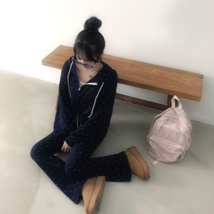 【SET】ドットフードジップアップ ブーツカットパンツ NAVY