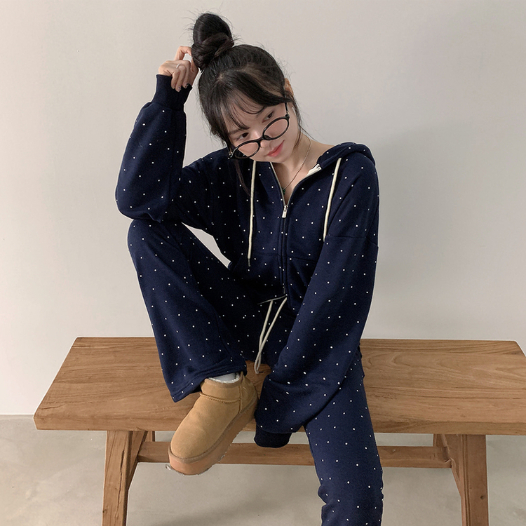 【SET】ドットフードジップアップ ブーツカットパンツ NAVY