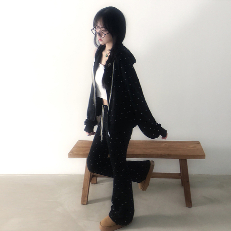 【SET】ドットフードジップアップ ブーツカットパンツ BLACK