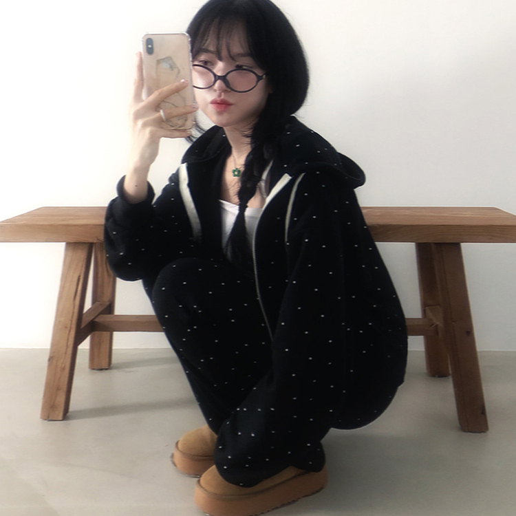 【SET】ドットフードジップアップ ブーツカットパンツ BLACK