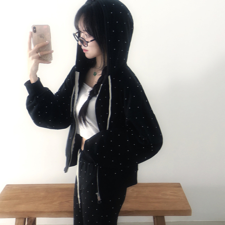 【SET】ドットフードジップアップ ブーツカットパンツ BLACK