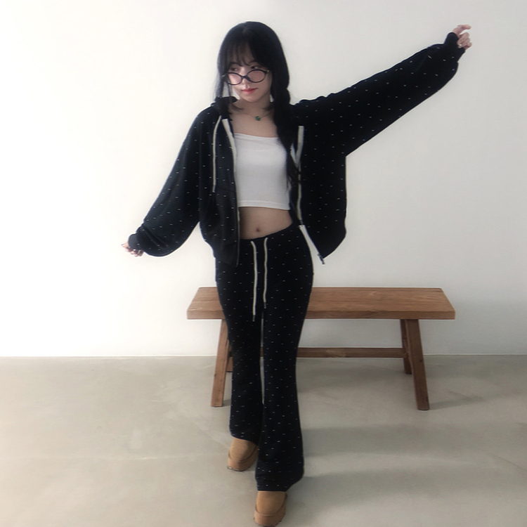 【SET】ドットフードジップアップ ブーツカットパンツ BLACK