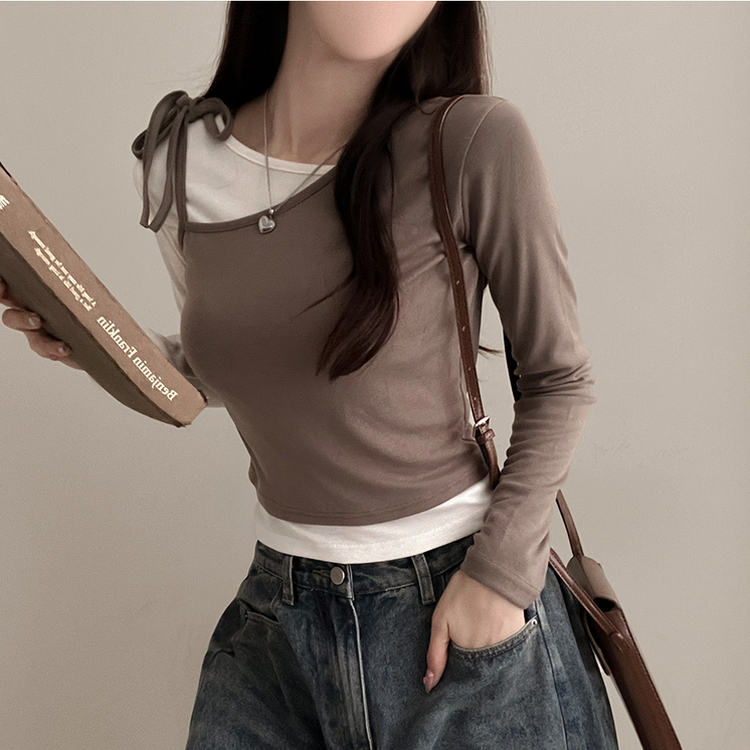 리스 배색 레이어드 리본 긴팔 티셔츠 세트 카키