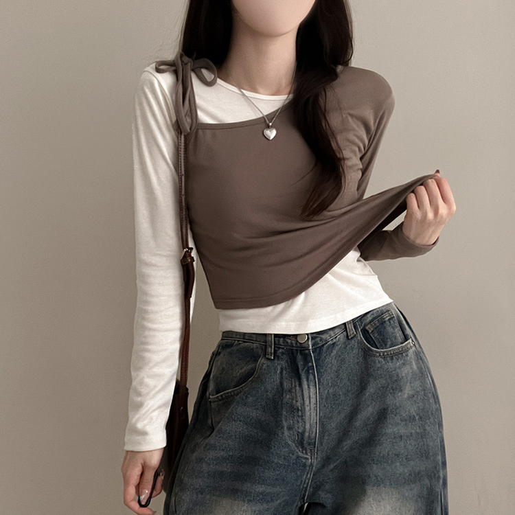 리스 배색 레이어드 리본 긴팔 티셔츠 세트 카키