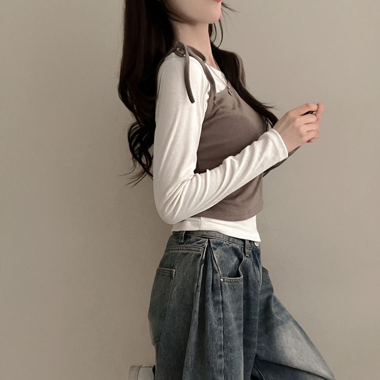 리스 배색 레이어드 리본 긴팔 티셔츠 세트 카키